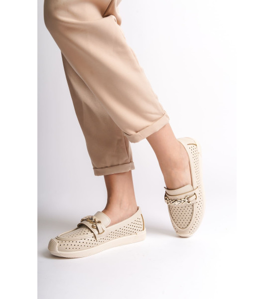 ALC Collection LILY Bağcıksız Ortopedik Rahat Taban Kalp Desenli Kadın Babet Ayakkabı  CKT - Krem