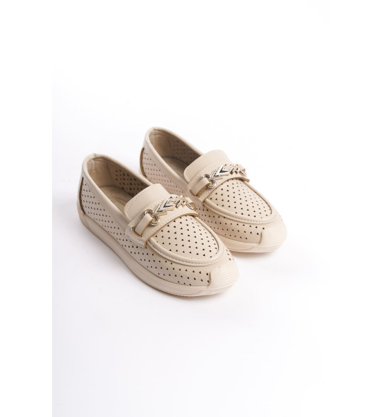 ALC Collection LILY Bağcıksız Ortopedik Rahat Taban Kalp Desenli Kadın Babet Ayakkabı  CKT - Krem