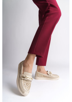 LIZY Bağcıksız Ortopedik Rahat Taban Çiçek Desenli Kadın Babet Ayakkabı  CKT - Krem