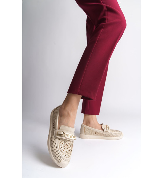 ALC Collection LIZY Bağcıksız Ortopedik Rahat Taban Çiçek Desenli Kadın Babet Ayakkabı  CKT - Krem