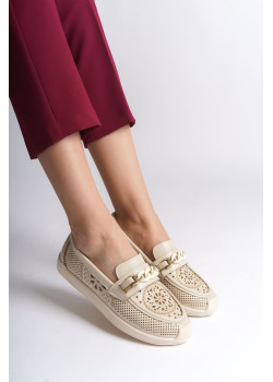 LIZY Bağcıksız Ortopedik Rahat Taban Çiçek Desenli Kadın Babet Ayakkabı  CKT - Krem