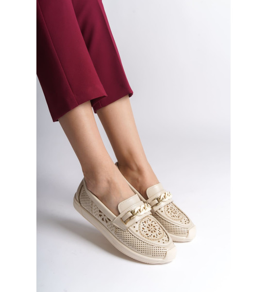 ALC Collection LIZY Bağcıksız Ortopedik Rahat Taban Çiçek Desenli Kadın Babet Ayakkabı  CKT - Krem