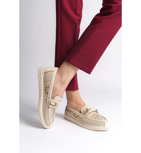 ALC Collection LIZY Bağcıksız Ortopedik Rahat Taban Çiçek Desenli Kadın Babet Ayakkabı  CKT - Krem