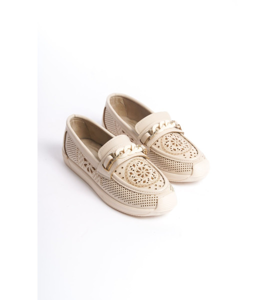 ALC Collection LIZY Bağcıksız Ortopedik Rahat Taban Çiçek Desenli Kadın Babet Ayakkabı  CKT - Krem