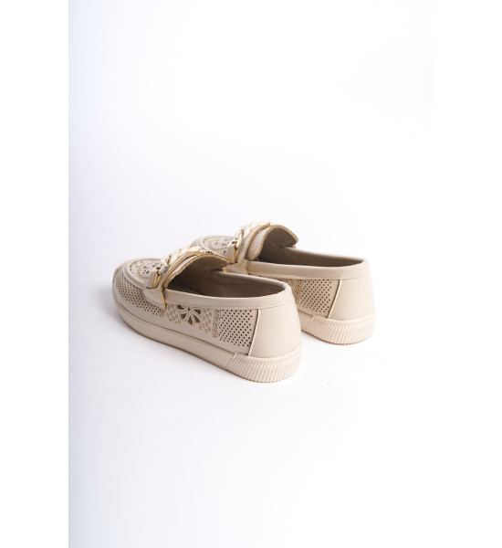 ALC Collection LIZY Bağcıksız Ortopedik Rahat Taban Çiçek Desenli Kadın Babet Ayakkabı  CKT - Krem