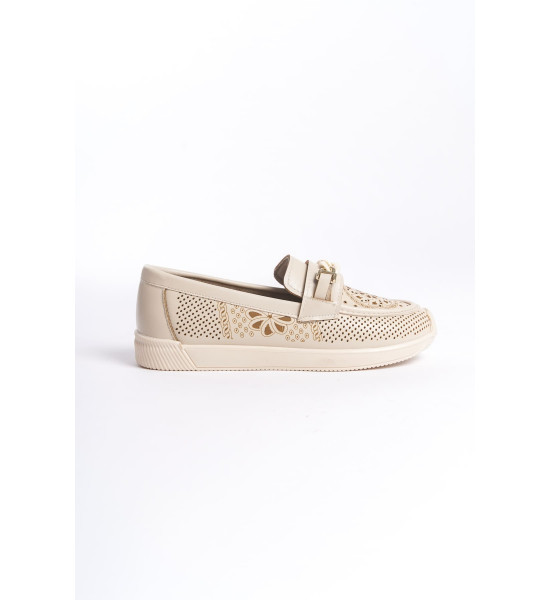 ALC Collection LIZY Bağcıksız Ortopedik Rahat Taban Çiçek Desenli Kadın Babet Ayakkabı  CKT - Krem