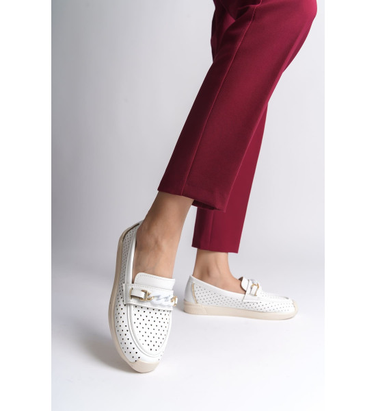 ALC Collection LIZY Bağcıksız Ortopedik Rahat Taban Kalp Desenli Kadın Babet Ayakkabı  CKT - Beyaz