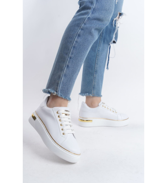 ALC Collection MINA Bağcıklı Ortopedik Taban Kadın Sneaker Spor Ayakkabı CBT - Beyaz/Altın