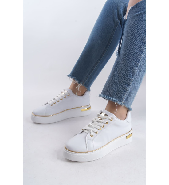ALC Collection MINA Bağcıklı Ortopedik Taban Kadın Sneaker Spor Ayakkabı CBT - Beyaz/Altın