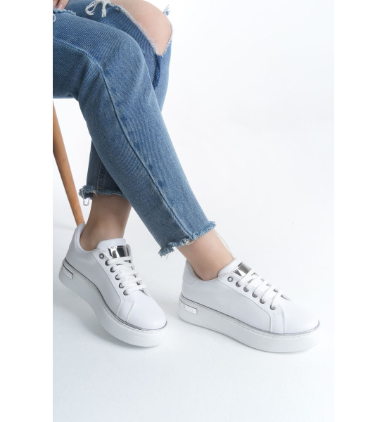 ALC Collection MINA Bağcıklı Ortopedik Taban Kadın Sneaker Spor Ayakkabı  CBT - Beyaz/Gümüş