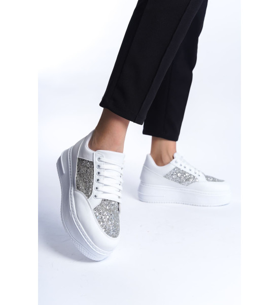 ALC Collection MIPA Bağcıklı Ortopedik Taban Simli Kadın Sneaker Spor Ayakkabı  CBT - Beyaz