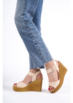 PERLA Tokalı Lastikli Dolgu Topuklu Ortopedik Taban Hasır Görünümlü Kadın Sandalet CKT - Ten