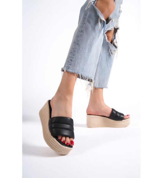 ALC Collection REINA Dolgu Topuklu Ortopedik Taban Hasır Görünümlü Kadın Terlik CKT - Siyah