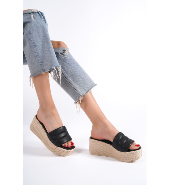 ALC Collection REINA Dolgu Topuklu Ortopedik Taban Hasır Görünümlü Kadın Terlik CKT - Siyah