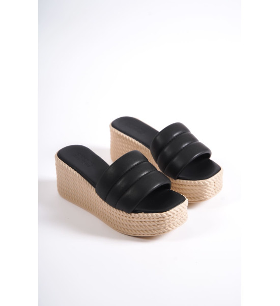 ALC Collection REINA Dolgu Topuklu Ortopedik Taban Hasır Görünümlü Kadın Terlik CKT - Siyah