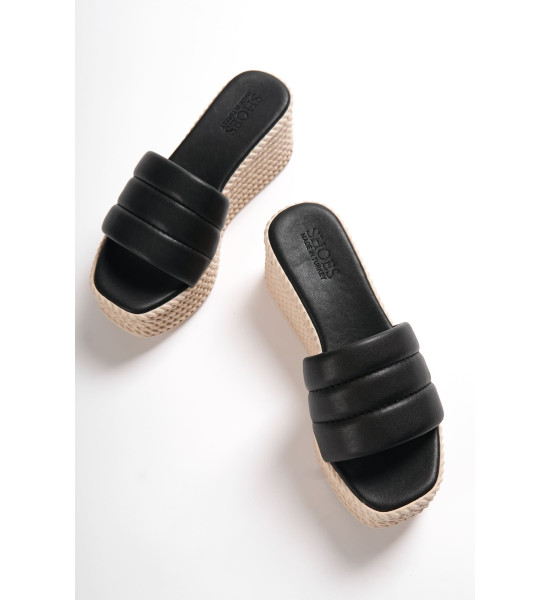 ALC Collection REINA Dolgu Topuklu Ortopedik Taban Hasır Görünümlü Kadın Terlik CKT - Siyah