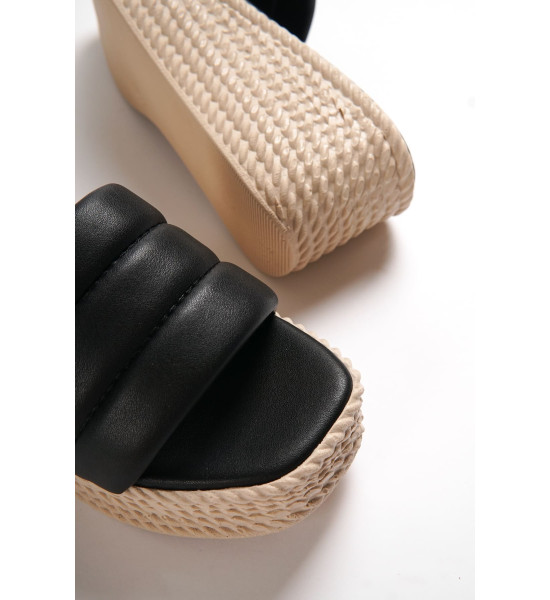 ALC Collection REINA Dolgu Topuklu Ortopedik Taban Hasır Görünümlü Kadın Terlik CKT - Siyah