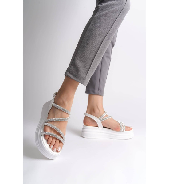 ALC Collection RILEY İnce Tokalı Taşlı Şeritli Ortopedik Taban Kadın Sandalet CBT - Beyaz