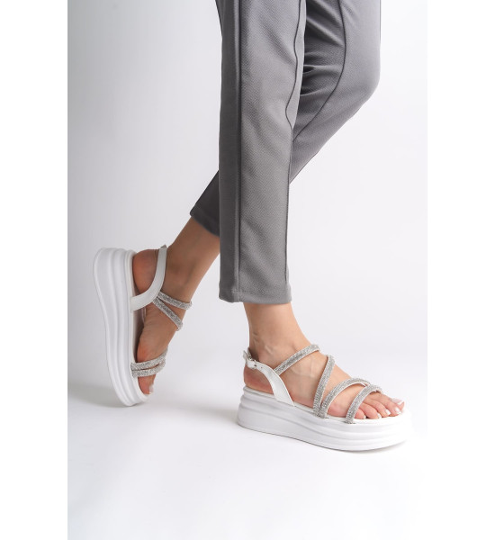 ALC Collection RILEY İnce Tokalı Taşlı Şeritli Ortopedik Taban Kadın Sandalet CBT - Beyaz
