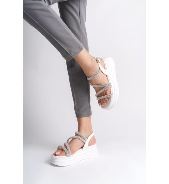 ALC Collection RILEY İnce Tokalı Taşlı Şeritli Ortopedik Taban Kadın Sandalet CBT - Beyaz