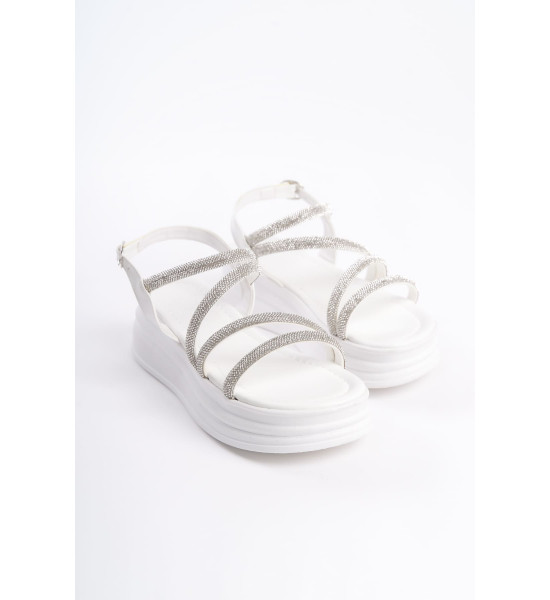 ALC Collection RILEY İnce Tokalı Taşlı Şeritli Ortopedik Taban Kadın Sandalet CBT - Beyaz