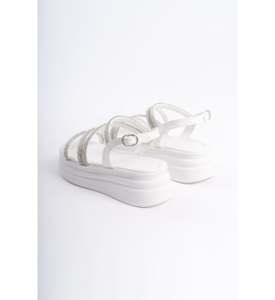 ALC Collection RILEY İnce Tokalı Taşlı Şeritli Ortopedik Taban Kadın Sandalet CBT - Beyaz