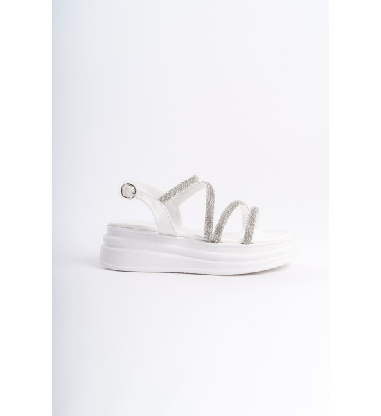 ALC Collection RILEY İnce Tokalı Taşlı Şeritli Ortopedik Taban Kadın Sandalet CBT - Beyaz