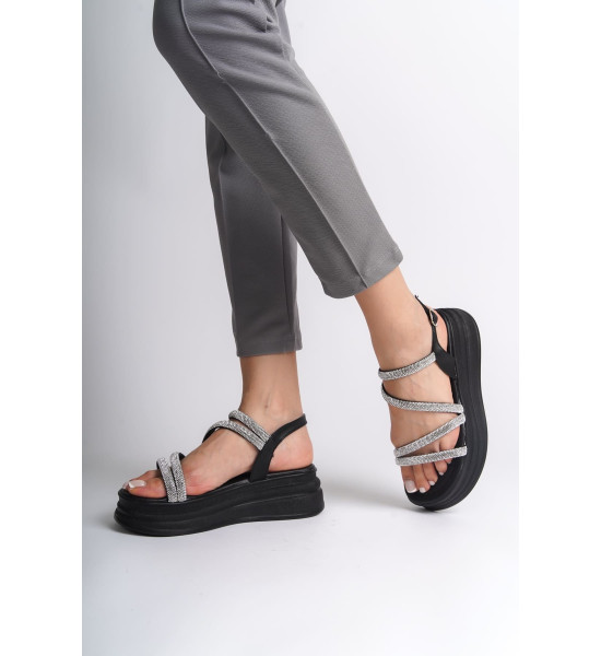 ALC Collection RILEY İnce Tokalı Taşlı Şeritli Ortopedik Taban Kadın Sandalet  CST - Siyah