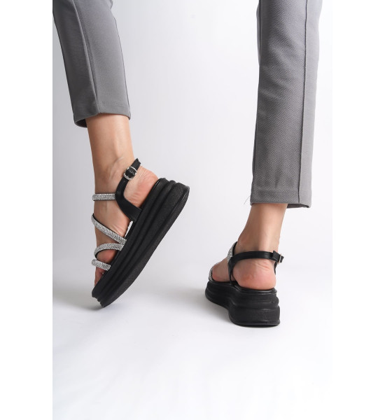 ALC Collection RILEY İnce Tokalı Taşlı Şeritli Ortopedik Taban Kadın Sandalet  CST - Siyah