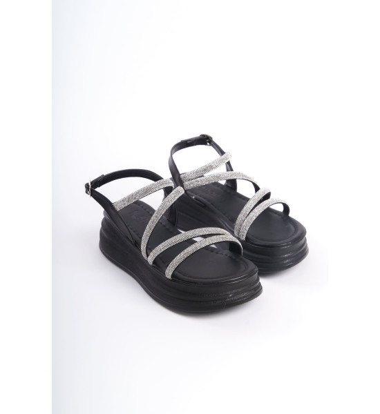 ALC Collection RILEY İnce Tokalı Taşlı Şeritli Ortopedik Taban Kadın Sandalet  CST - Siyah