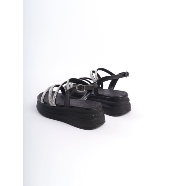 ALC Collection RILEY İnce Tokalı Taşlı Şeritli Ortopedik Taban Kadın Sandalet  CST - Siyah