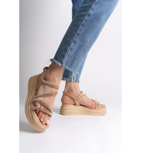 ALC Collection RILEY İnce Tokalı Taşlı Şeritli Ortopedik Taban Kadın Sandalet CTT - Ten