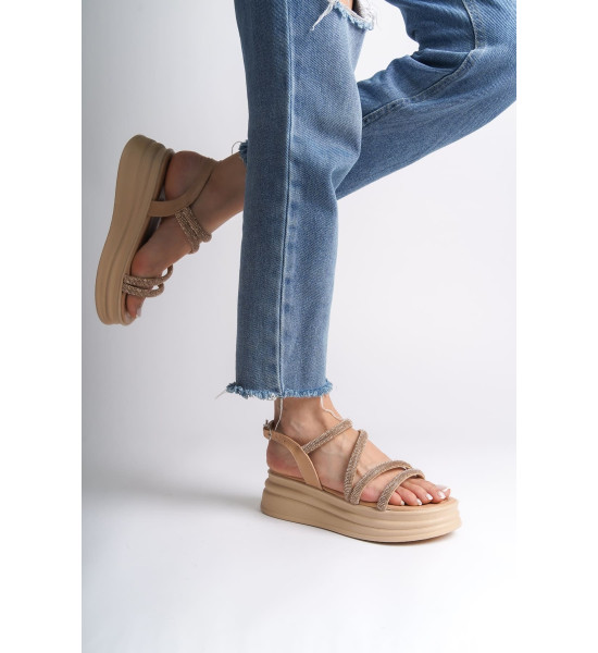 ALC Collection RILEY İnce Tokalı Taşlı Şeritli Ortopedik Taban Kadın Sandalet CTT - Ten