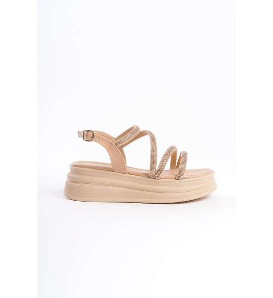 ALC Collection RILEY İnce Tokalı Taşlı Şeritli Ortopedik Taban Kadın Sandalet CTT - Ten