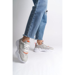 TOKYO Bağcıklı Ortopedik Taban Triko Detaylı Kadın Spor Ayakkabı  TBT - Gri/Turuncu