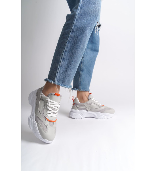 ALC Collection TOKYO Bağcıklı Ortopedik Taban Triko Detaylı Kadın Spor Ayakkabı  TBT - Gri/Turuncu