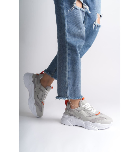 ALC Collection TOKYO Bağcıklı Ortopedik Taban Triko Detaylı Kadın Spor Ayakkabı  TBT - Gri/Turuncu