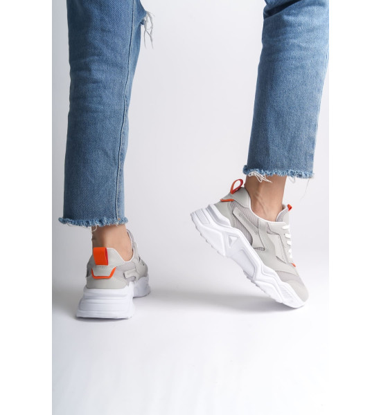 ALC Collection TOKYO Bağcıklı Ortopedik Taban Triko Detaylı Kadın Spor Ayakkabı  TBT - Gri/Turuncu