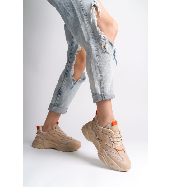 ALC Collection TOKYO Bağcıklı Ortopedik Taban Triko Detaylı Kadın Spor Ayakkabı  TTT - Ten/Turuncu