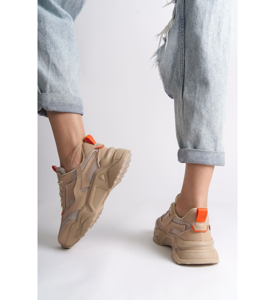 ALC Collection TOKYO Bağcıklı Ortopedik Taban Triko Detaylı Kadın Spor Ayakkabı  TTT - Ten/Turuncu