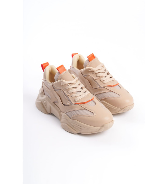 ALC Collection TOKYO Bağcıklı Ortopedik Taban Triko Detaylı Kadın Spor Ayakkabı  TTT - Ten/Turuncu