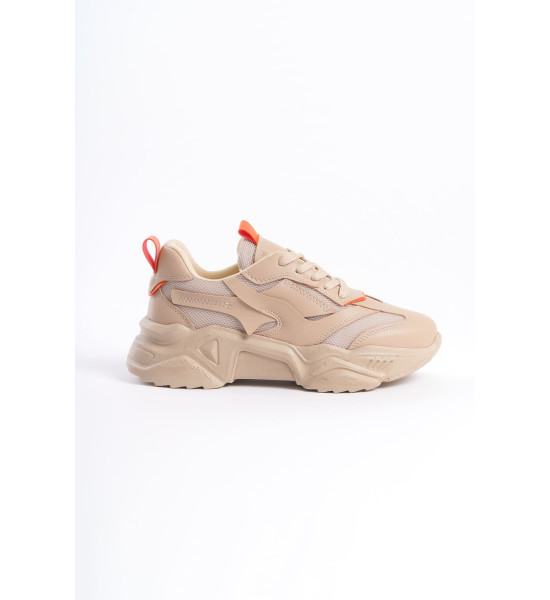 ALC Collection TOKYO Bağcıklı Ortopedik Taban Triko Detaylı Kadın Spor Ayakkabı  TTT - Ten/Turuncu