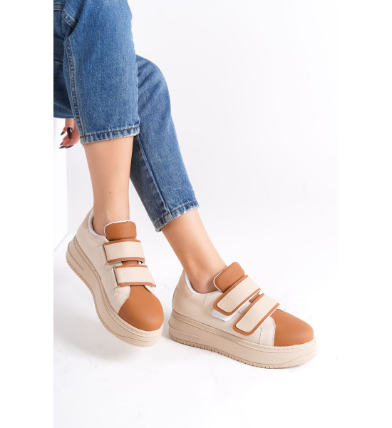 ALC Collection VALENCIA Bağcıksız Cırt Cırtlı Ortopedik Taban Kadın Sneaker Spor Ayakkabı CTT - Ten/Kahve