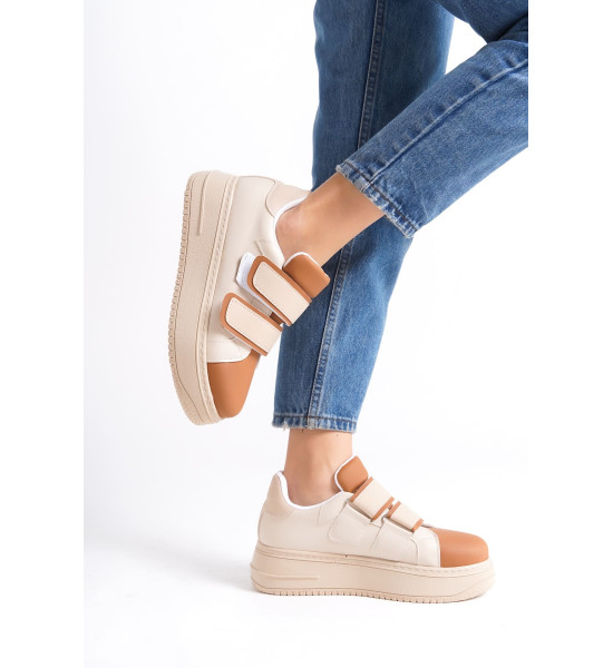 ALC Collection VALENCIA Bağcıksız Cırt Cırtlı Ortopedik Taban Kadın Sneaker Spor Ayakkabı CTT - Ten/Kahve