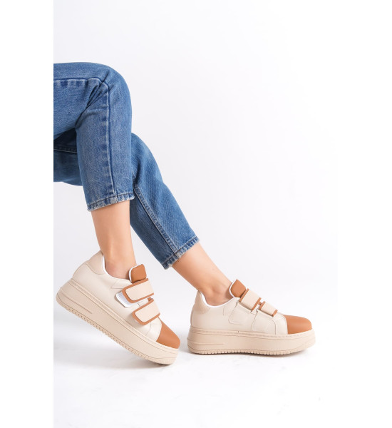 ALC Collection VALENCIA Bağcıksız Cırt Cırtlı Ortopedik Taban Kadın Sneaker Spor Ayakkabı CTT - Ten/Kahve