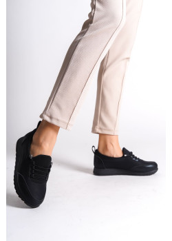 VIOLET Bağcıklı Lastikli Ortopedik Rahat Taban Cilt Detaylı Klasik Kadın Babet Anne Ayakkabısı CST - Siyah