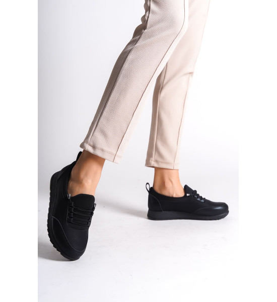 ALC Collection VIOLET Bağcıklı Lastikli Ortopedik Rahat Taban Cilt Detaylı Klasik Kadın Babet Anne Ayakkabısı CST - Siyah