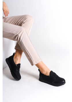 VIOLET Bağcıklı Lastikli Ortopedik Rahat Taban Cilt Detaylı Klasik Kadın Babet Anne Ayakkabısı CST - Siyah