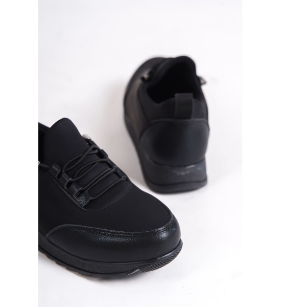 ALC Collection VIOLET Bağcıklı Lastikli Ortopedik Rahat Taban Cilt Detaylı Klasik Kadın Babet Anne Ayakkabısı CST - Siyah