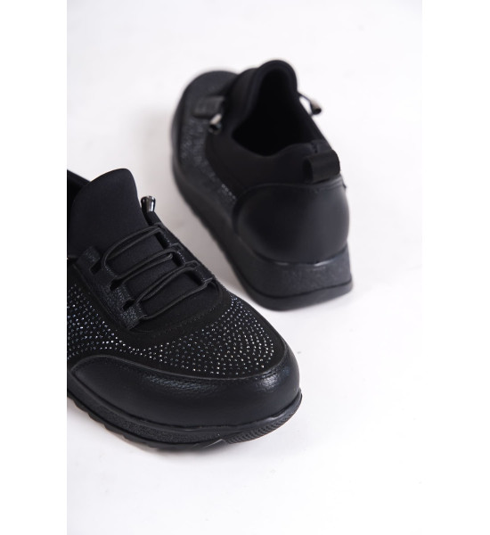 ALC Collection VIOLET Bağcıklı Lastikli Ortopedik Rahat Taban Taş Detaylı Klasik Kadın Babet Anne Ayakkabısı  CST - Siyah